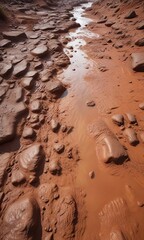 Muddy riverbed with dense clay texture and reddish-brown hues, textured surfaces, earthy colors, natural scenery