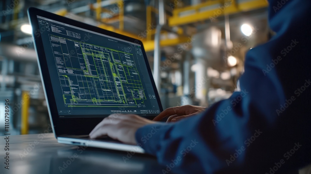 Poster an engineer using a laptop to input formulas for a structural calculation.