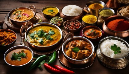 vibrant array of traditional indian dishes presented on a rustic wooden table.