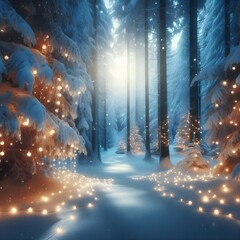 Snowy Forest Scene: A tranquil winter forest with snow-covered trees and soft glowing fairy lights strung between branches.