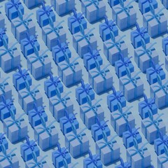 Obraz premium A pattern of blue gift boxes decorated with ribbons. 3D render background illustration on the theme of a holiday, Christmas or New Year