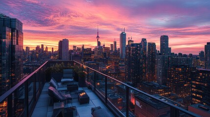 Rooftop terrace overlooking city skyline at sunset.