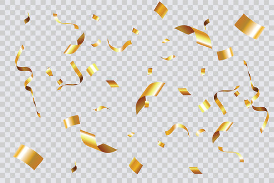 Gold shredded paper background isolated on transparent background, graphic element for holidays or celebrations