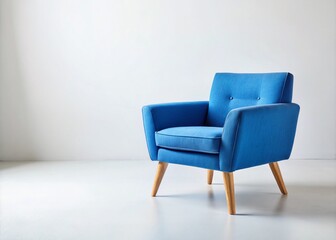 Stylish Blue Armchair with Wooden Legs Isolated on White Background, Perfect for Modern Interior Design Concepts and Minimalistic Decor Illustrations