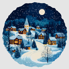 Peaceful Winter Night in a Snowy Village with Moonlight and Twinkling Lights Illuminating Cozy Homes Surrounded by Tall Trees and Mountains