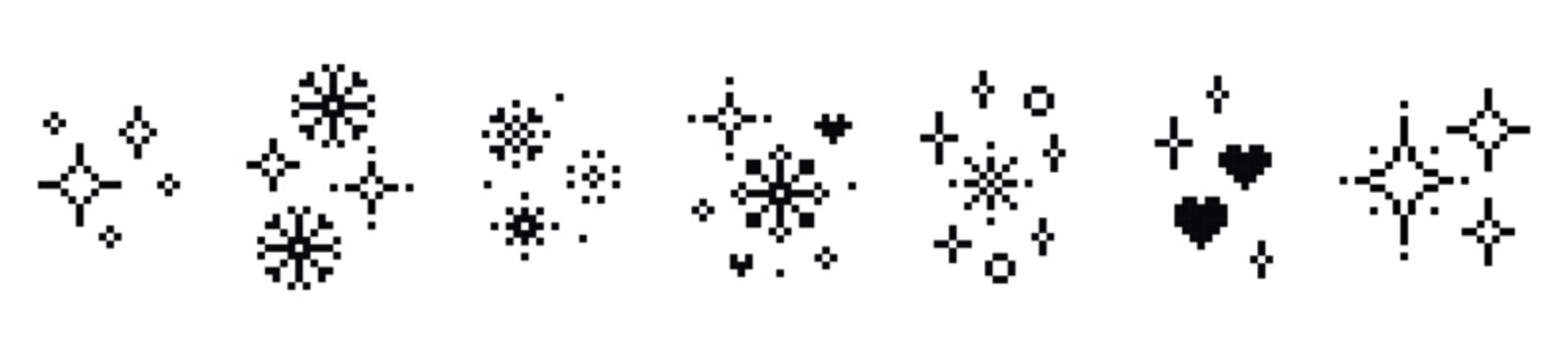 A set of snowflake in pixel art style. Abstract winter black vector elements. Simple geometric vector Christmas icons. Crystal, heart, star sparkle shine. Magic holiday pixels design. White background