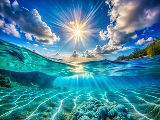 Fototapeta premium Sunlight Illuminating the Blue Ocean Waves in a Summer Paradise with Crystal Clear Waters and Serene Underwater Scenery Captured in Stunning Night Photography