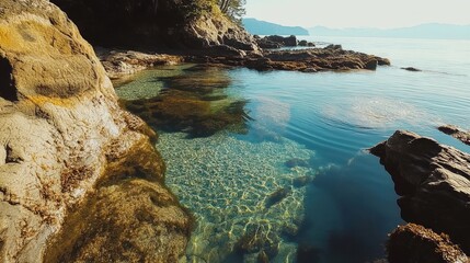Secluded cove with crystal-clear water, rocks, and sunlight.