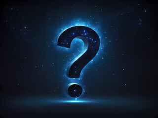 A radiant, electric blue glowing question mark, with a soft, pulsing aura, suspended in a deep, mysterious dark background, reminiscent of a starry night sky, with a subtle, warm spotlight effect