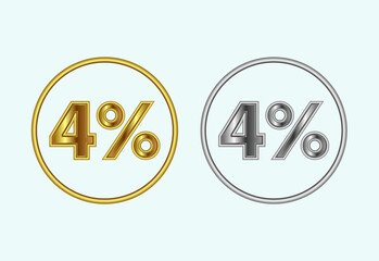 Four percent icon, 4 percent sign symbol in gold and silver color