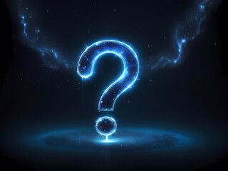 A radiant, electric blue glowing question mark, with a soft, pulsing aura, suspended in a deep, mysterious dark background, reminiscent of a starry night sky, with a subtle, warm spotlight effect