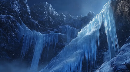  A frozen waterfall cascading over sparkling icy cliffs 