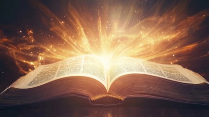 Magic Book with Glowing Light and Sparkles in Mystical Space