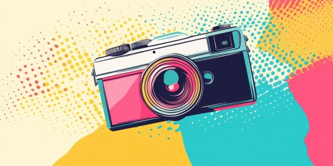 Fototapeta premium A colorful vintage camera illustration with a modern artistic flair and bright background.