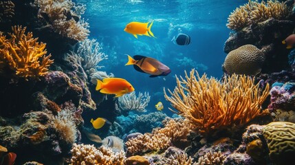 Obraz premium Vibrant coral reef teeming with colorful fish and diverse marine life. (1)