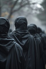 Group of mourners in traditional black attire at a ceremony