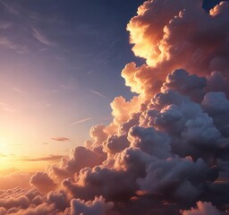 Softly glowing clouds float across the sky at sunset, serene atmosphere, soft focus, clouds, golden hour,