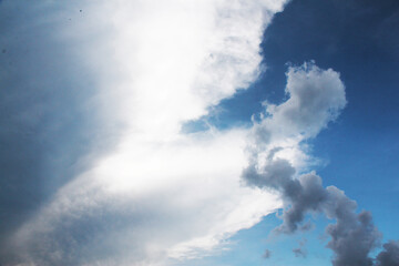 Processed collage Dramatic, blue, cloudy and overcast sky texture. Background for banner, backdrop or texture for 3D mapping