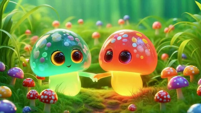 3D glass mushrooms cartoon holding hands on colorful vibrant forest background, animation