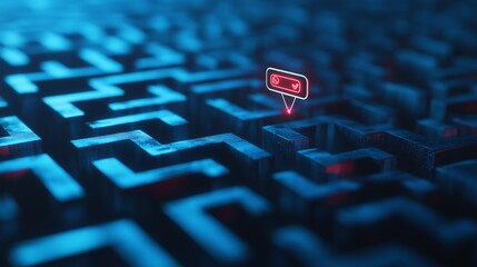 
A 3D maze with a search bar hovering above, guiding users to the right path, symbolizing navigation through search engines.