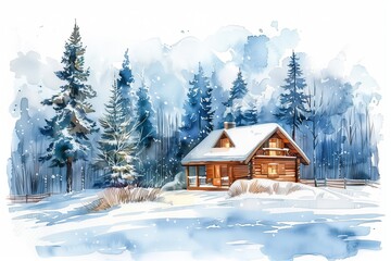 Fototapeta premium A charming wooden cabin surrounded by snow-covered trees in a serene winter landscape.