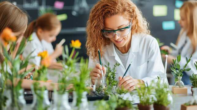 Teacher guiding students in biology class with plants and flowers