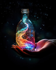 hand holds bottle with colorful light swirling inside, creating magical effect