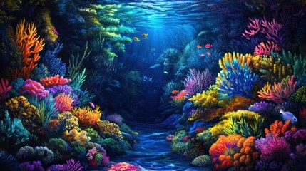 Fototapeta premium Vibrant underwater coral reef scene with colorful corals, fish, and plants.