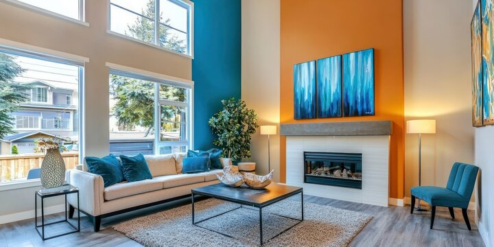 Freshly painted living room interior with a bold accent wall in a modern home