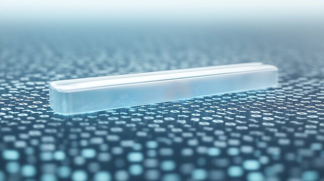 A 3D search bar floating over a sea of binary code, symbolizing the vast data processed by search engines.