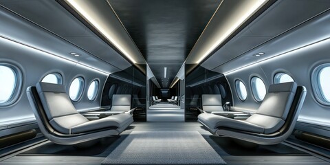 Futuristic airplane interior with sleek design and innovative seat arrangements