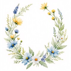 Obraz premium Delicate Watercolor Wildflower Wreath in Blue and Yellow for Spring Celebrations with Copy Space
