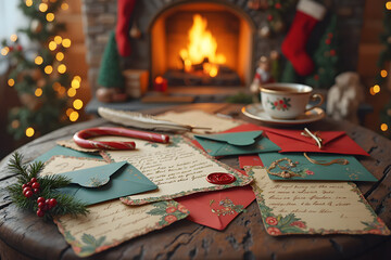 Christmas Wish list and letters on a wooden table with a fireplace in the background - AI generated