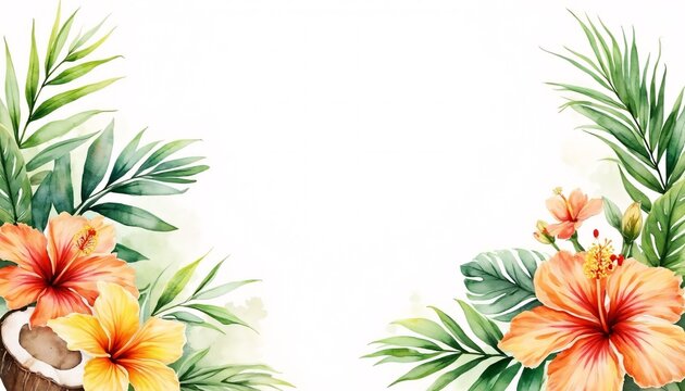 Tropical Watercolor Border with Hibiscus Flowers in Orange and Green with Copy Space