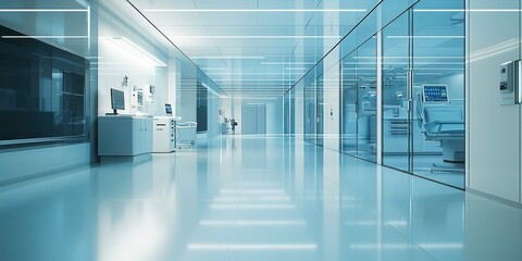 High-tech hospital interior with advanced machinery and sterile, minimalistic design