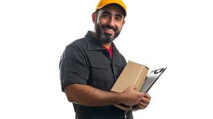 A man in a black shirt and hat is smiling and holding a clipboard and a package
