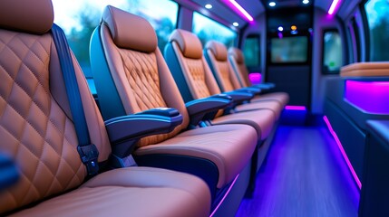 Obraz premium Luxurious interior of a modern van featuring plush, tan leather seats and ambient purple lighting, creating a stylish travel experience.