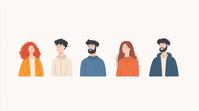 A flat vector representation of young adults outdoors, characterized by diverse features and expressions ranging from excitement to contemplation. Minimalist clothing and gestures convey personality,