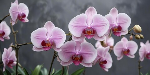 Vibrant and delicate orchid blooms in the cloudy atmosphere, flower arrangement, botanical, floral