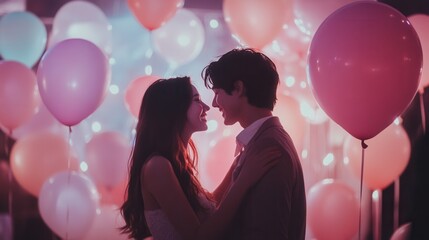 A couple is hugging in front of a bunch of pink balloons