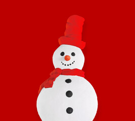 Festive New Year card. Snowman on a bright red background.