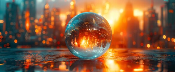 A glass ball with a reflection of a blurred sunset city lights in it on a reflective surface with a blurry background.