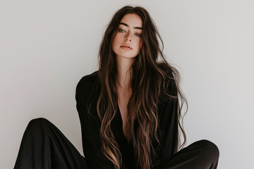 Fototapeta premium A beautiful brunette woman with long hair, wearing black pajamas and sitting on the floor, posing for an editorial photoshoot in front of a white background, looking straight at the camera