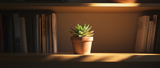 Serene Succulent in Terracotta Pot on Wooden Shelf with Books