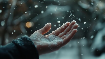 A hand catching falling snow.