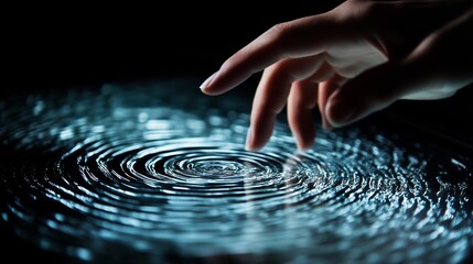 A hand is touching the surface of a touch screen, with ripples visible on its surface.