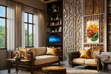 Apura-pura bingkai poster di latar belakang interior, ruang tamu. Render 3D, Ilustrasi 3D