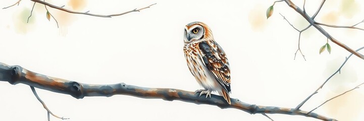Fototapeta premium Watercolor painting of a solitary owl perched on a tree branch, watercolor, illustration