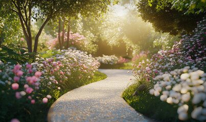 Beautiful summer forest path with sunlight and flowers. Sunny day in the park. Natural background for your design
