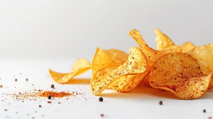 Fototapeta premium Potato chips sprinkled with seasoning on a white transparent background
